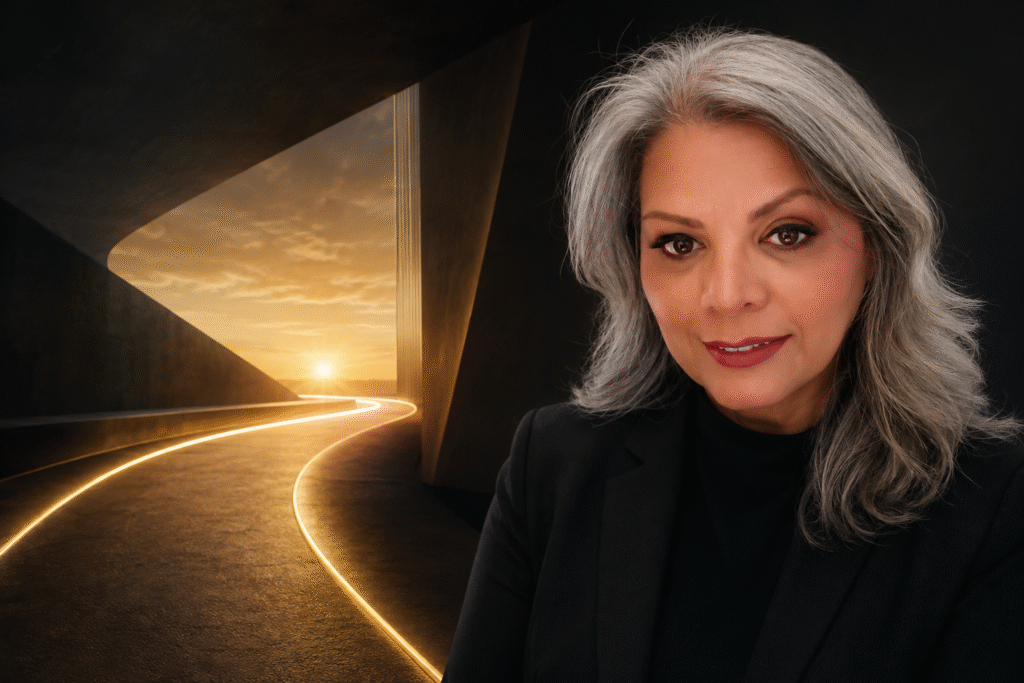 Belkys Rosales, Mentora de Carreira, diante de um caminho dourado que representa direção profissional.